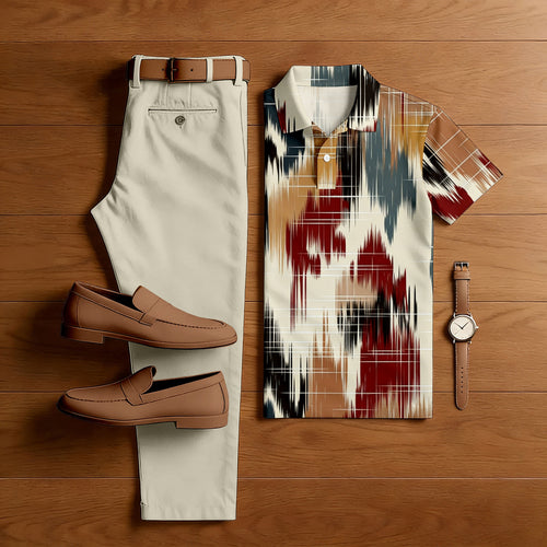 Men's Casual Khaki & Maroon Color Matching Retro Style Printed Short Sleeved Polo Shirt & Trousers Two-Piece Set