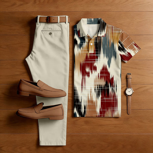 Men's Casual Khaki & Maroon Color Matching Retro Style Printed Short Sleeved Polo Shirt & Trousers Two-Piece Set