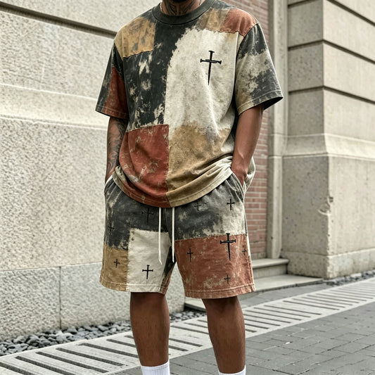 Men's Casual Color-Block Print Round-Neck Short-Sleeve T-Shirt and Shorts Two-Piece Set