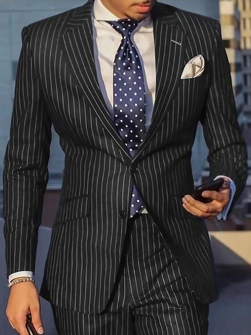 Men's Work Striped Single Breasted Notched Collar Blazer