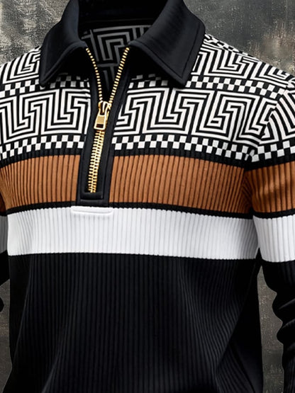 Men's Retro Color Block Print Zipper Sweatshirt
