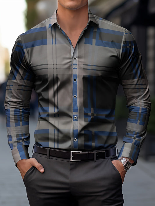 Men's Street Style Business Plaid Casual Printed Long Sleeve Shirt