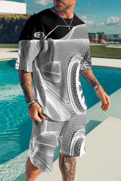 Mens Casual Fashion Car Print Two Piece Set