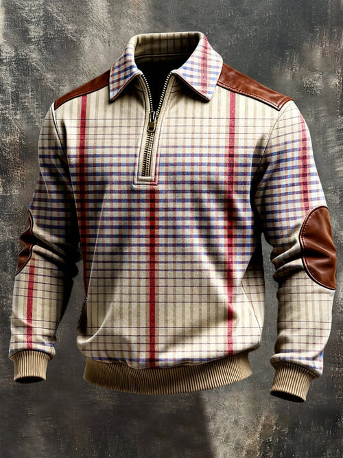 Men's Retro Color Block Print Color-Blocked Zip-Up Sweatshirt
