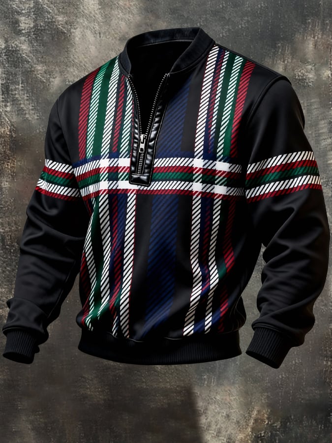 Men's Vintage Color-Block Printed Zip-Up Hoodie