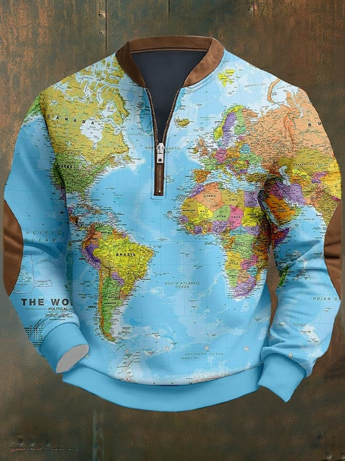 Men's Vintage Western Hemisphere Map Print Sweatshirt