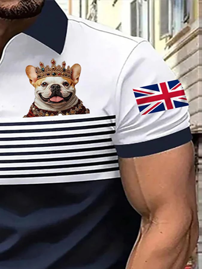 Men's Casual Striped Crown Puppy Bulldog Print POLO Shirt