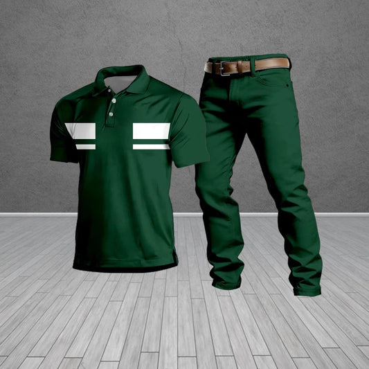 Men's Casual Green & White Geometric Pattern Short-Sleeved Polo Shirt And Trousers Two-Piece Set