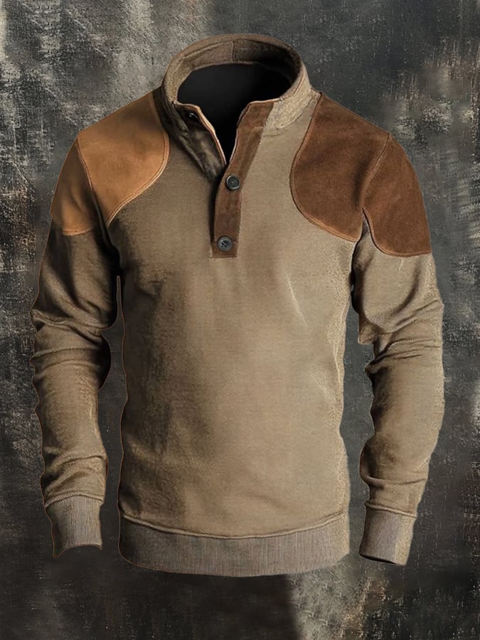 Men'S Casual Retro Contrast Color Stand Collar Long Sleeve Sweatshirt