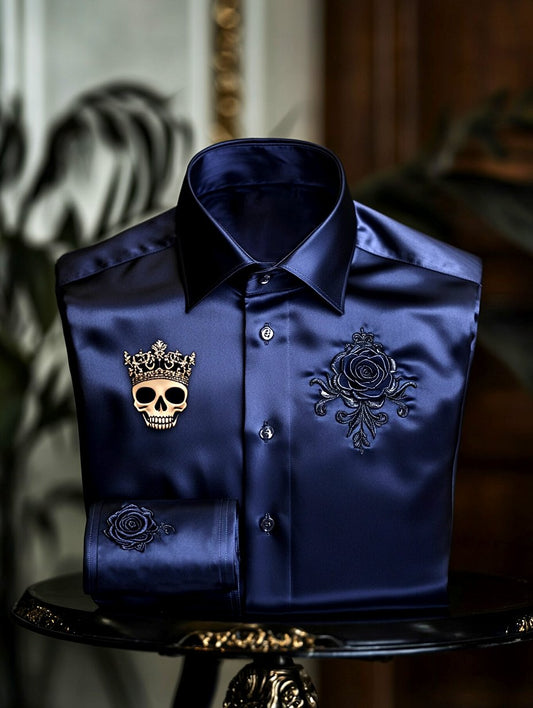 Men's Satin Skull Rose Casual Long Sleeve Button-Down Shirt