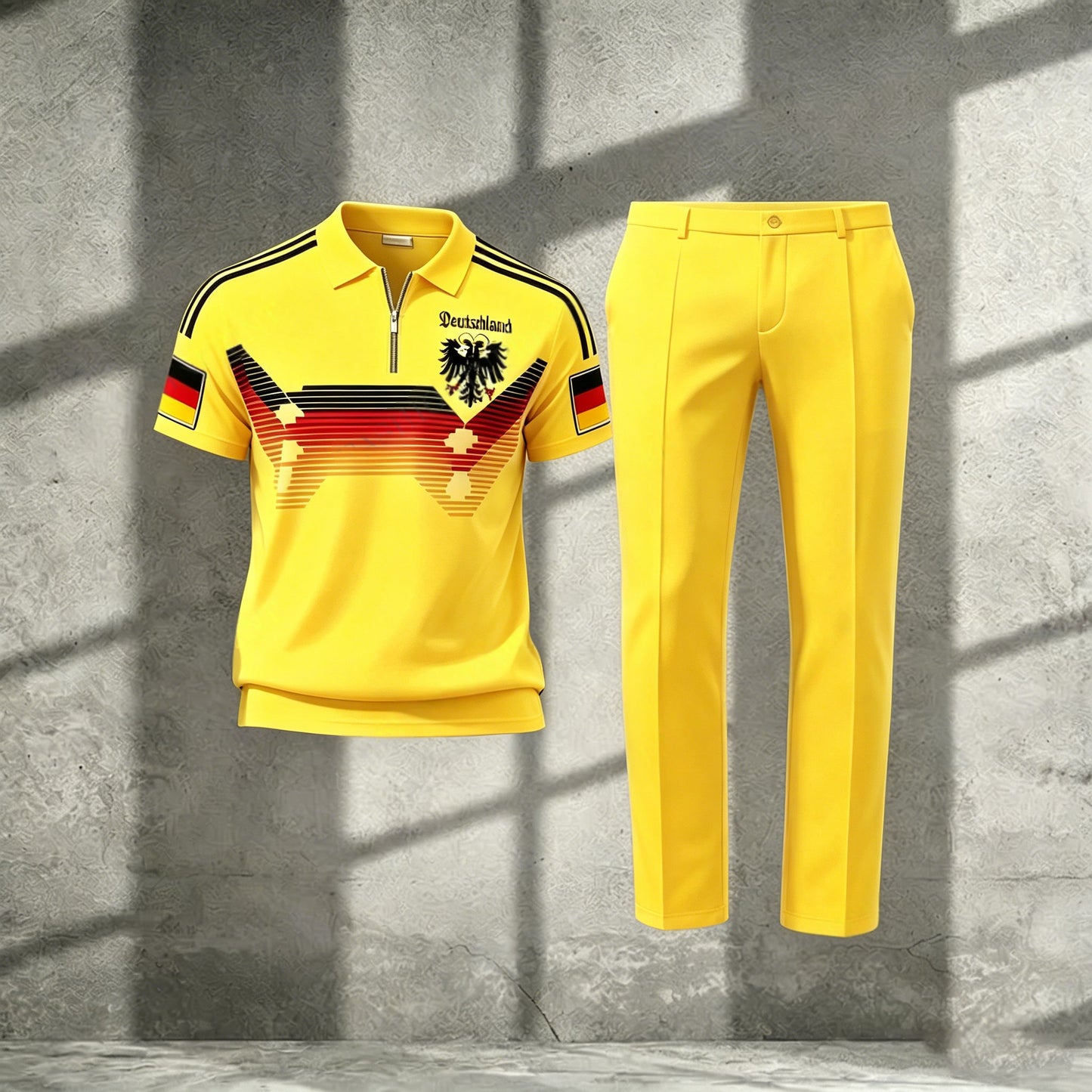 Men's Casual Yellow Printed Polo Short-Sleeve T-Shirt And Pants Two-Piece Set
