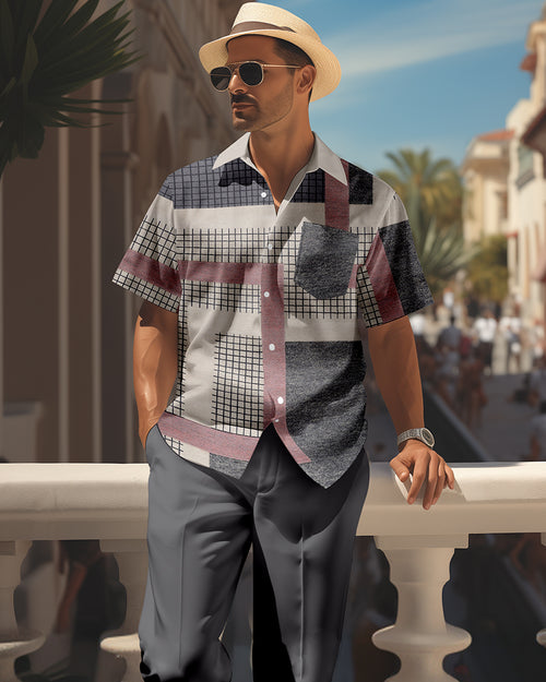 Men's retro colorblock short-sleeved shirt walking Suit 1655