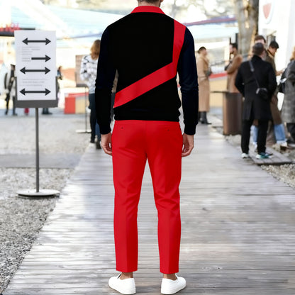 Men's Casual Color Matching Printed Polo-Collar Zipper Long Sleeved Trousers Two-Piece Set