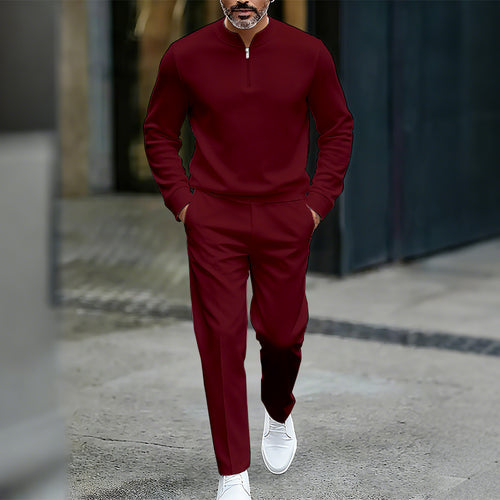 Men's Casual Solid Color Round-Neck Zipper Long Sleeved Trousers Two-Piece Set