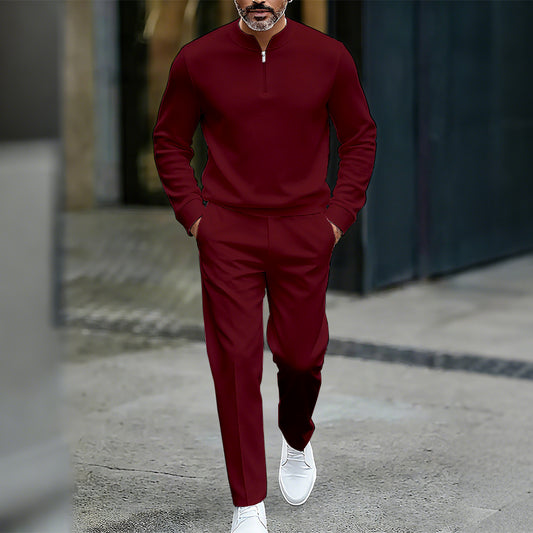 Men's Casual Solid Color Round-Neck Zipper Long Sleeved Trousers Two-Piece Set