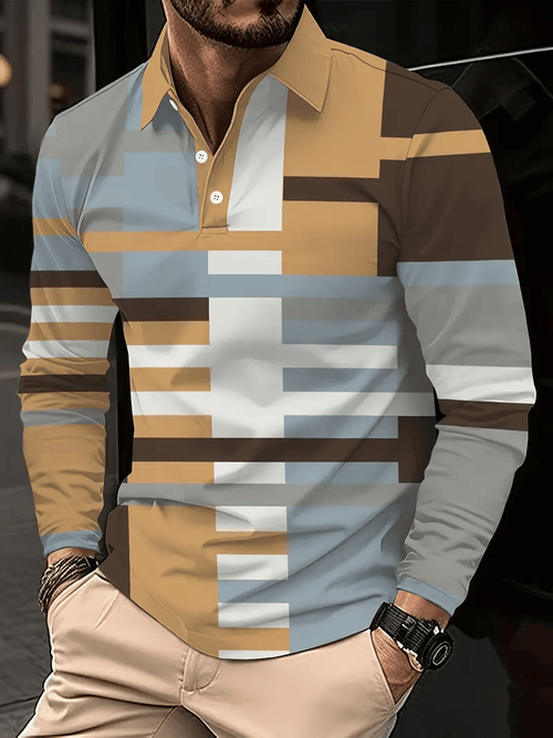 Men's Business Casual Striped Long Sleeve Polo