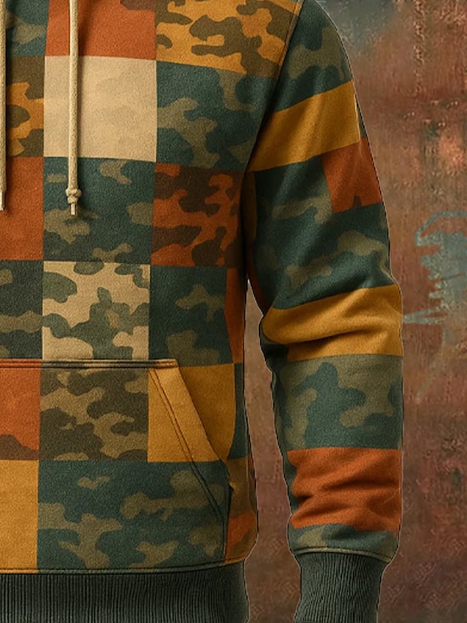 Men's Retro Distressed Color Block Print Casual Long Sleeve Sweatshirt