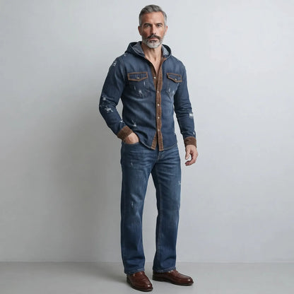 Men's Vintage Denim Contrast Trim Single Breasted Chest Pocket Hooded Shirt