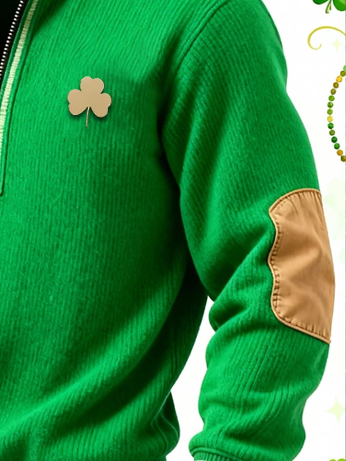 (Detachable Shamrock Brooch Included) Men's Casual St. Patrick's Day Color-Block Half-Zip Stand-Collar Long-Sleeved Sweatshirt