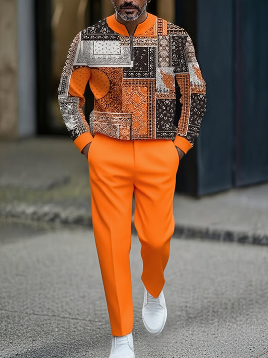 Men's Casual Color Matching Printed Round-Neck Zipper Long Sleeved Trousers Two-Piece Set