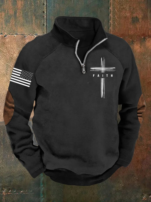 Men's Flag Faith Raglan Stand Collar Sweatshirt