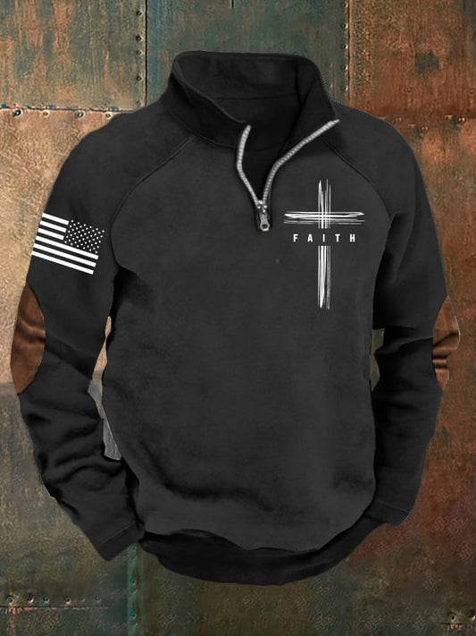 Men's Flag Faith Raglan Stand Collar Sweatshirt
