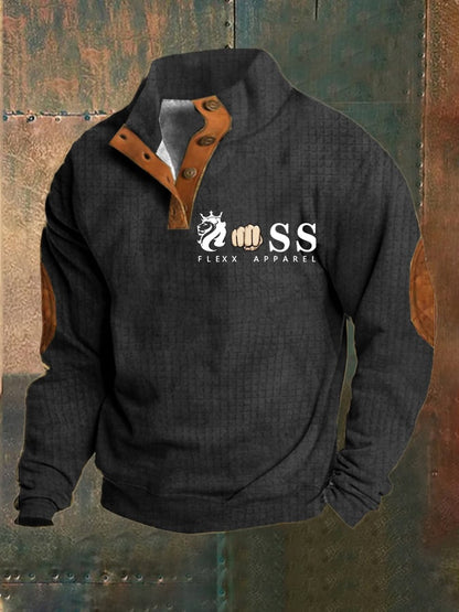 Men's Vintage Lettering Printed Stand Collar Check Button Sweatshirt