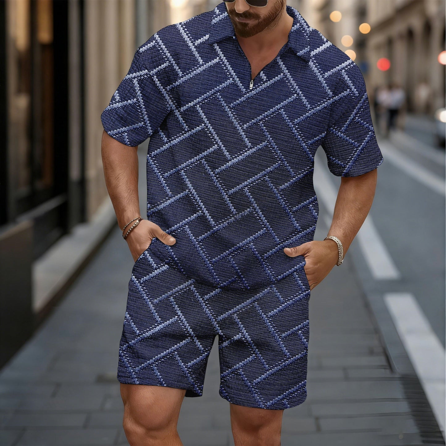 Men's Casual Dark Purple Checkered Pattern Short-Sleeved Shirt And Shorts Two-Piece Set