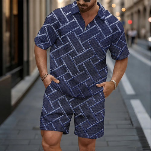 Men's Casual Dark Purple Checkered Pattern Short-Sleeved Shirt And Shorts Two-Piece Set