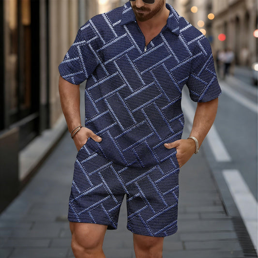 Men's Casual Dark Purple Checkered Pattern Short-Sleeved Shirt And Shorts Two-Piece Set