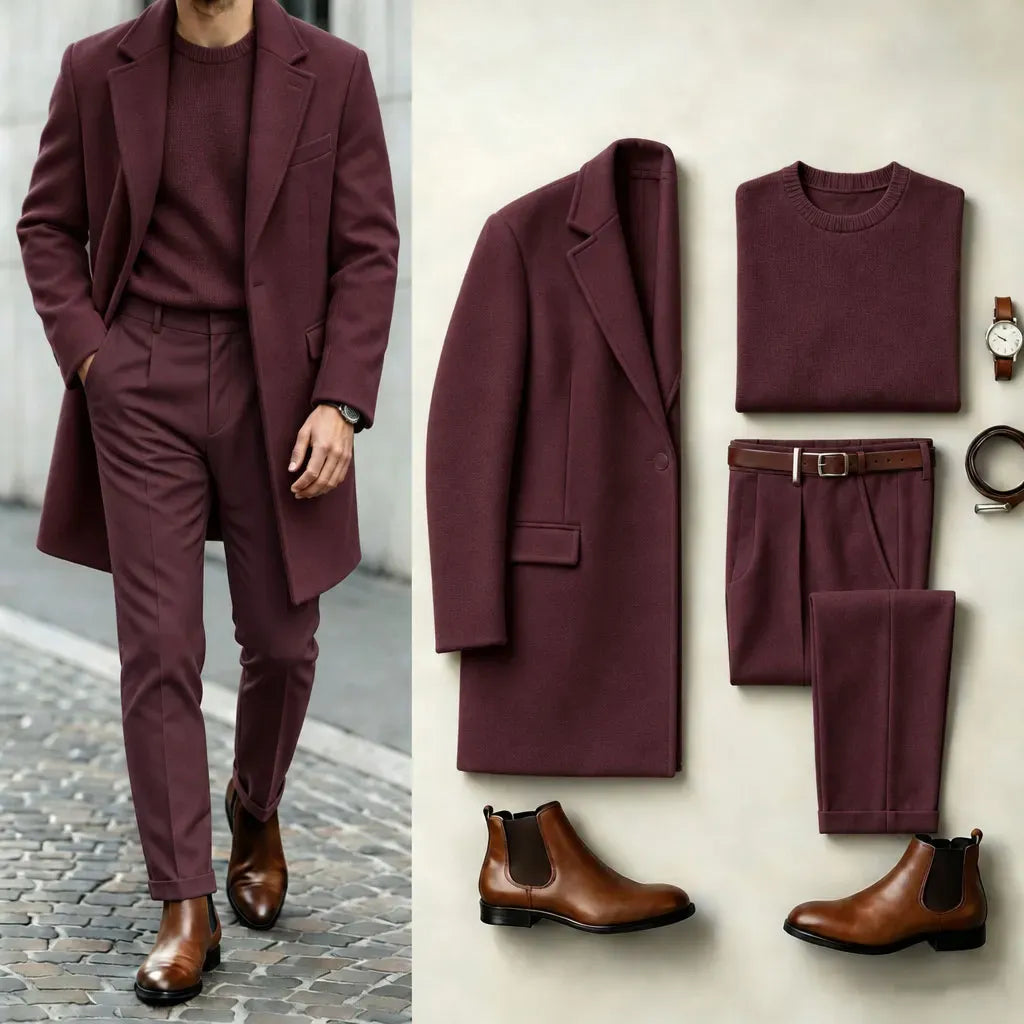 Men's Burgundy Solid-Color Suit Set: Coat, Knit Sweater, and Dress Pants