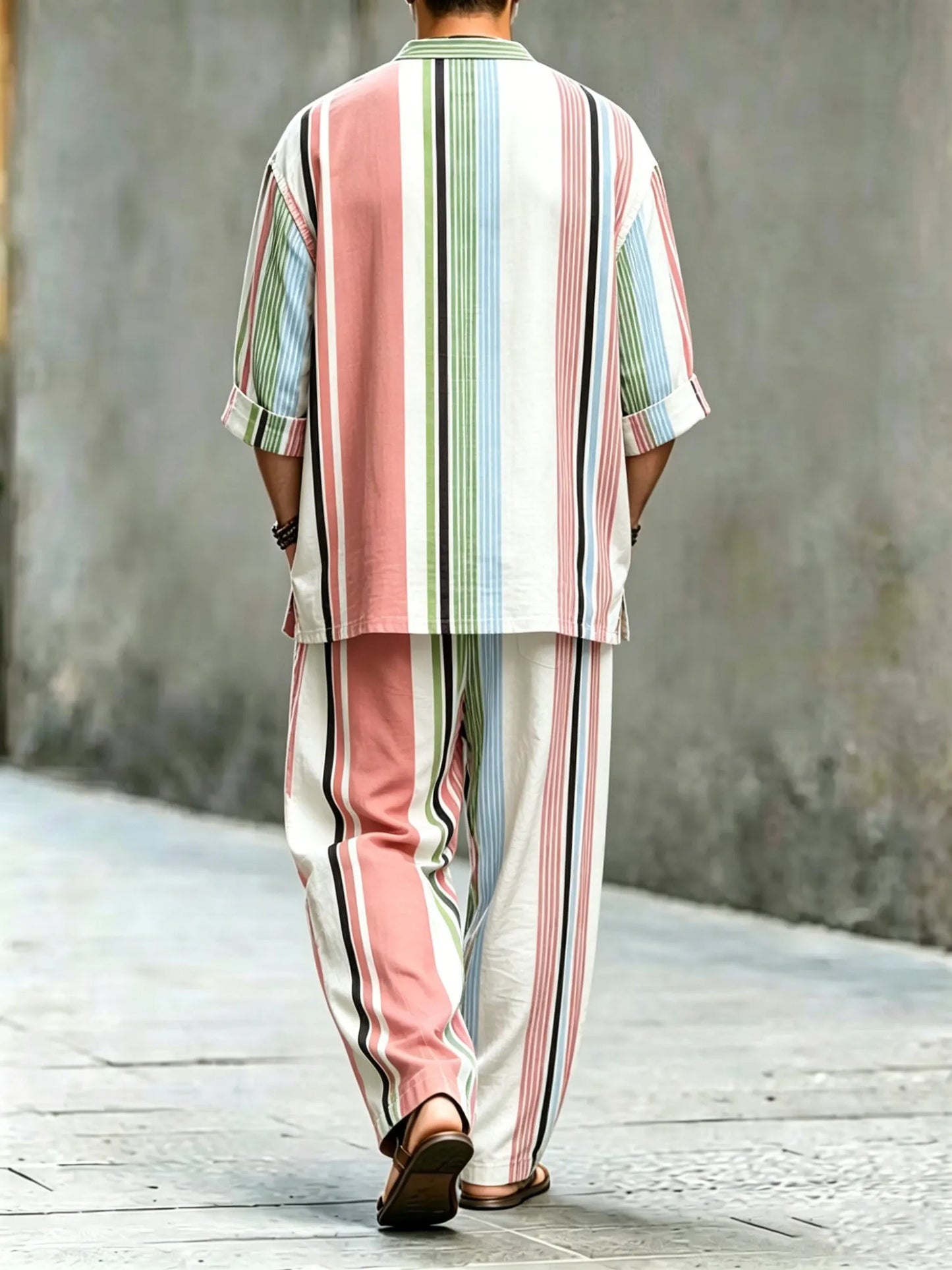 Men's Vintage Abstract Art Printed Cotton Shirt Set (Top & Pants)