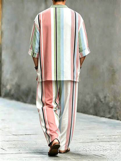 Men's Vintage Abstract Art Printed Cotton Shirt Set (Top & Pants)