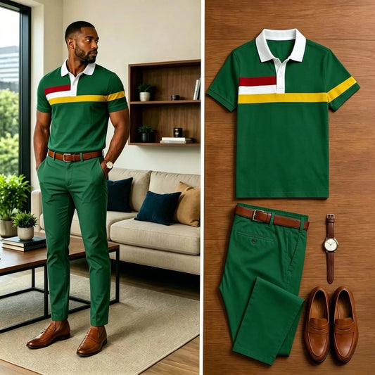 Men's Casual Color Stripe Contrasting Printed Polo Shirt And Pants Two-Piece Set