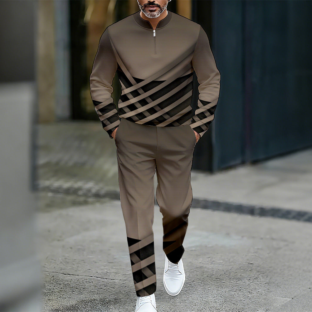 Men's Casual Color Matching Printed Round-Neck Zipper Long Sleeved Trousers Two-Piece Set
