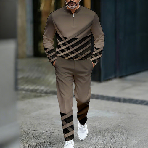 Men's Casual Color Matching Printed Round-Neck Zipper Long Sleeved Trousers Two-Piece Set
