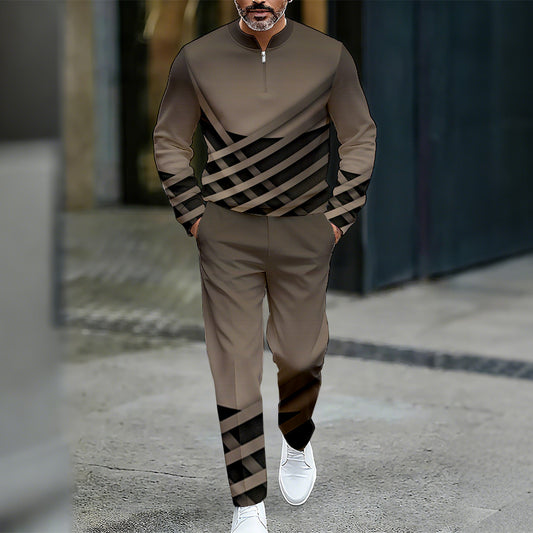 Men's Casual Color Matching Printed Round-Neck Zipper Long Sleeved Trousers Two-Piece Set