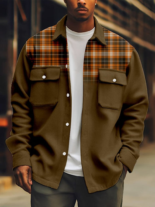 Men'S Vintage Plaid Print Corduroy Long Sleeve Jacket