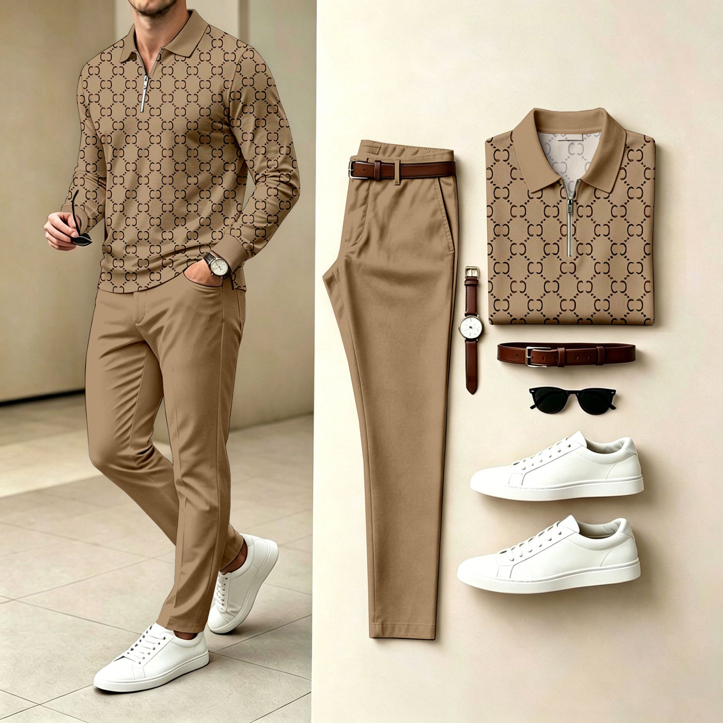 Men's Khaki Polo-Collar Zipper Long-Sleeve Shirt and Pants Two-Piece Set