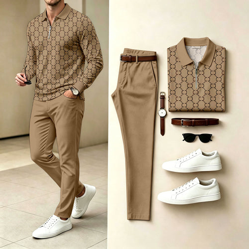 Men's Khaki Polo-Collar Zipper Long-Sleeve Shirt and Pants Two-Piece Set