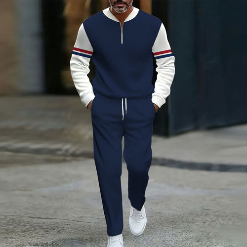 Men's Casual Navy & White Color Matching Round Neck Zipper Long-Sleeve Sweatshirt & Pants Two-Piece Set