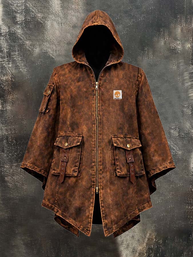 Men's Vintage-Style Distressed Hooded Workwear Cape/Cloak