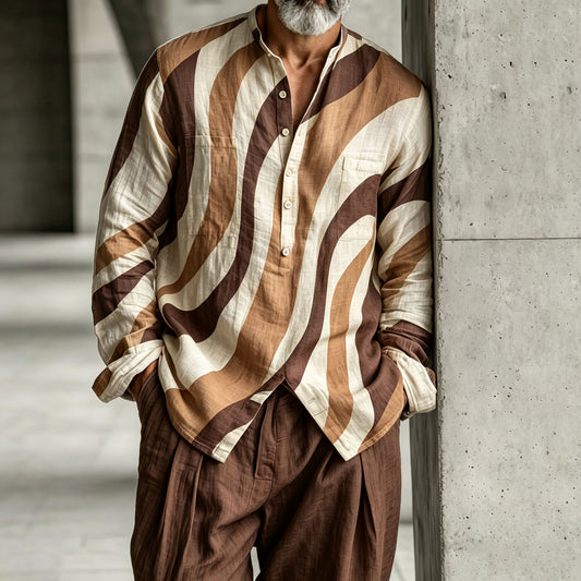 Men's Color-Blocked Stand-Collar Half-Open Henley Shirt and Pants