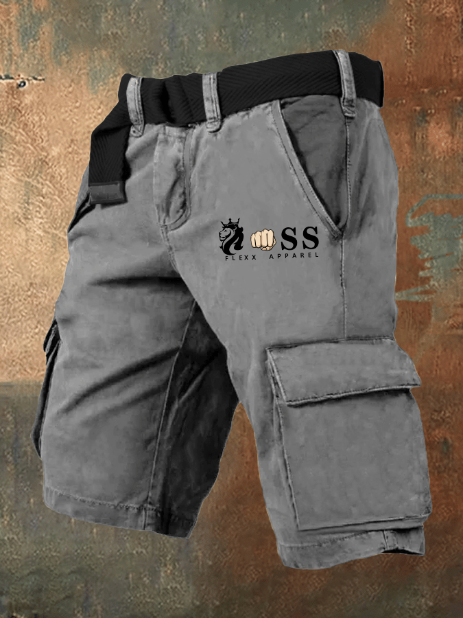 Men's Retro Letter Print Cargo Shorts (Belt Not Included)