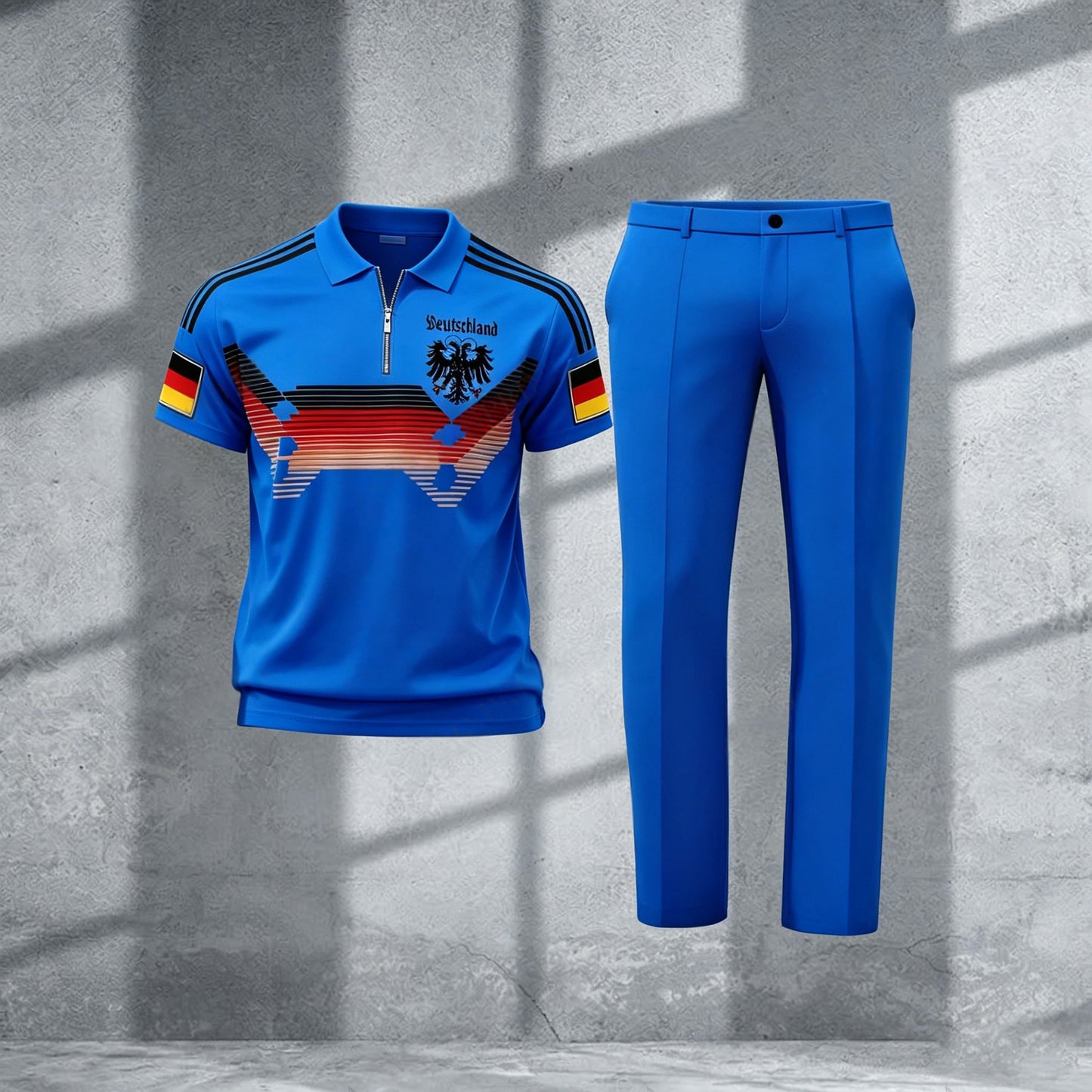 Men's Casual Dark Blue Printed Polo Short-Sleeve T-Shirt And Pants Two-Piece Set