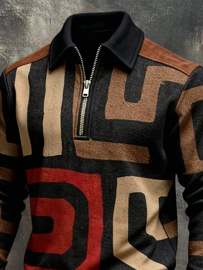 Men'S Vintage Color-Block Printed Zip-Up Sweatshirt