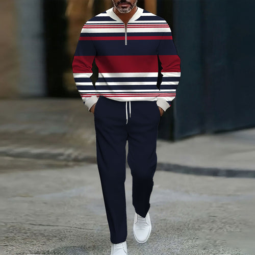 Men's Casual Navy & Red Striped Printed Round Neck Zipper Long-Sleeve Sweatshirt & Pants Two-Piece Set