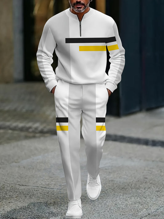 Men's Casual Gray & White Color Matching Striped Printed Round-Neck Zipper Long Sleeved Trousers Two-Piece Set