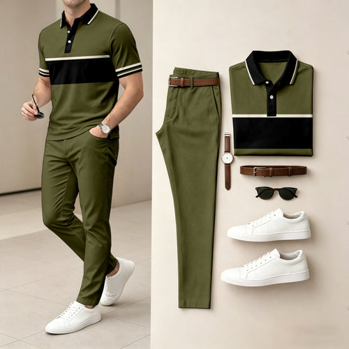 Men's Casual Dark Green Printed Polo Shirt And Pants Two-Piece Set