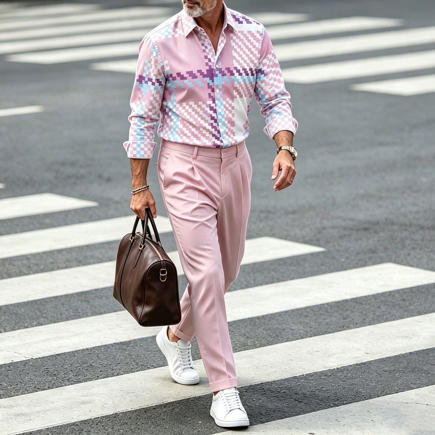 Men's Color-Blocked Lapel Long-Sleeve Shirt and Pants Set